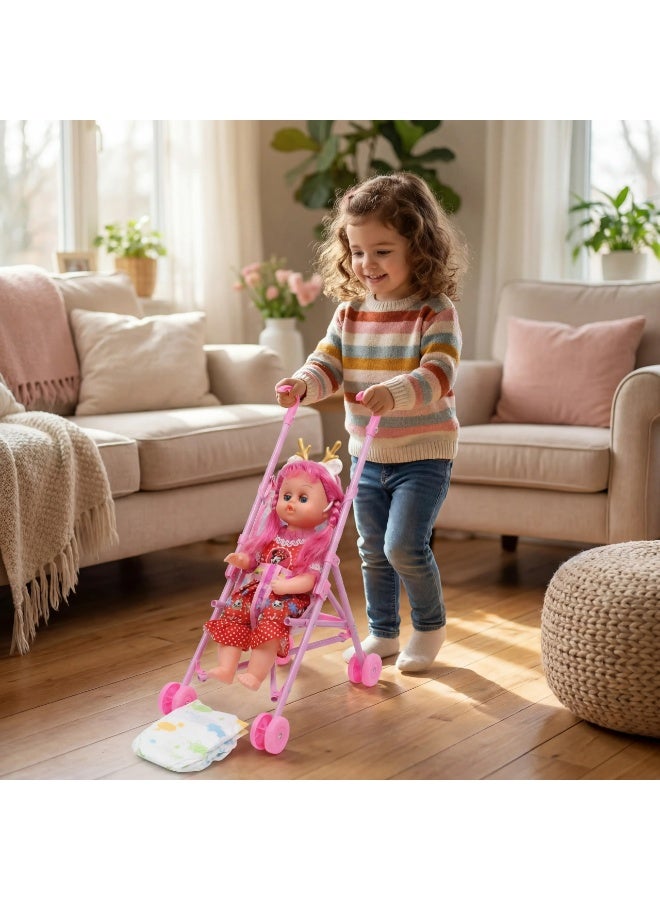 Baby Doll Stroller Playset with Accessories – Foldable Toy Buggy, Feeding Bottle & Diaper – Realistic Pretend Play Gift for Kids & Toddlers - Image 1